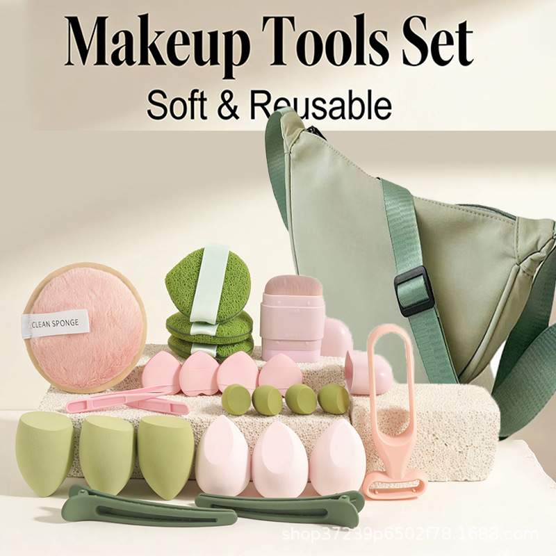 Beauty Makeup Tools Set - กระเป๋าทรงเกี๊ยวสุดเก๋พร้อมชุดเครื่องสำอางสีเขียว 23 ชิ้น ฟองน้ำนุ่มสำหรับแต่งหน้า กิ๊บติดผม ชุดอุปกรณ์เสริมความงามสุดอินเทรนด์สำหรับฤดูร้อน