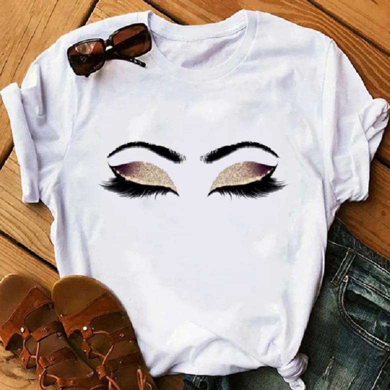 Makeup Plus Beauty - เสื้อยืดพิมพ์ลายขนตาสวยงามสำหรับผู้หญิงทองคำสีกุหลาบศิลปะการแต่งหน้าเจ้าหญิงขนาดใหญ่พิเศษเสื้อยืดลำลองคาวาอี้ยุค90