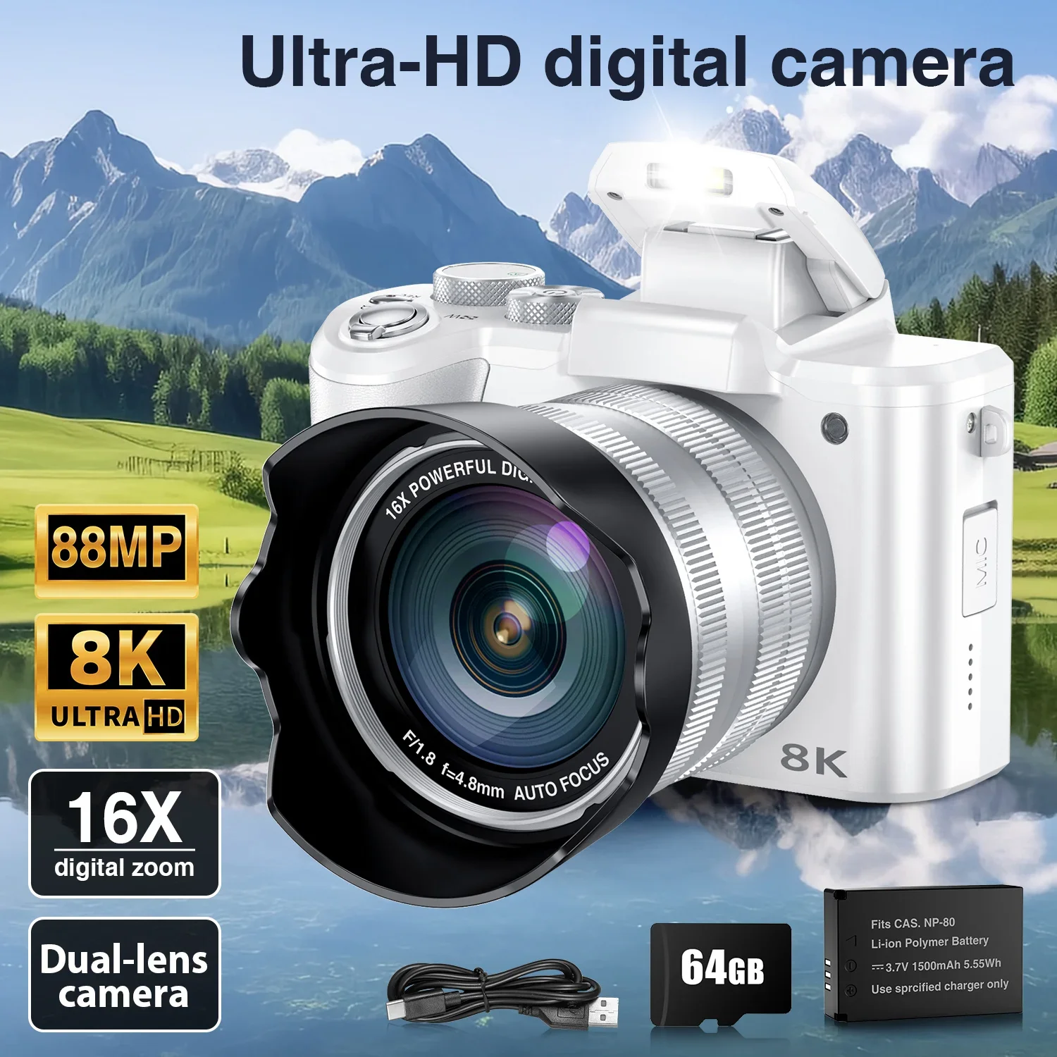Beauty Makeup Camera - กล้องดิจิตอลเซลฟี่ 8K สำหรับการถ่ายภาพ โฟกัสอัตโนมัติ 88MP WiFi