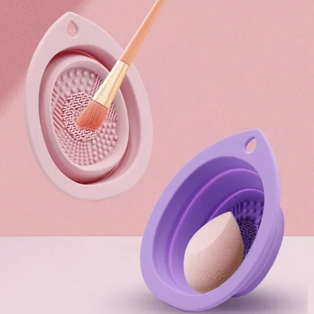 Beauty Makeup Background - ชามทำความสะอาดแปรงแต่งหน้าซิลิโคน แผ่นขัดล้างแบบพับได้ เครื่องมือทำความสะอาดแปรงเครื่องสำอางแบบพกพา ฟองน้ำสำหรับแปรงแต่งหน้า