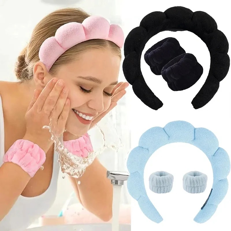 Makeup Beauty Set - 3PCS สไตล์ซักผ้าแถบคาดศีรษะชุดสายรัดข้อมือ Scrunchies สปา Bubble สําหรับล้างหน้าแต่งหน้าอาบน้ํา